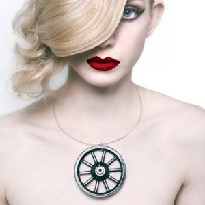 statement black necklace - vintage wheel neck cuff worn by model