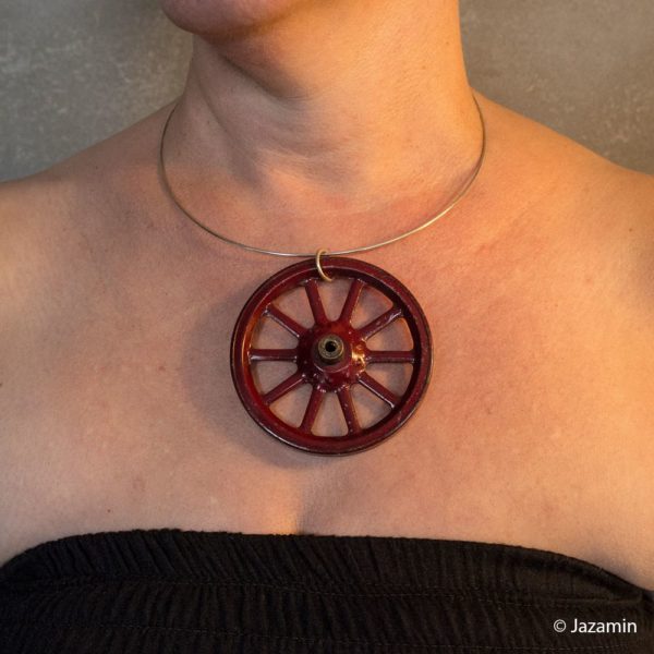 Statement Red Necklace - Red Wheel (ltd edition) worn by model
