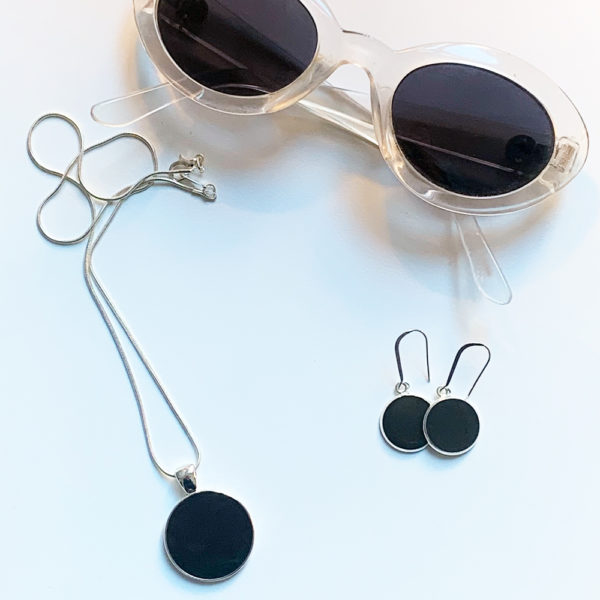 black concrete earrings and pendant