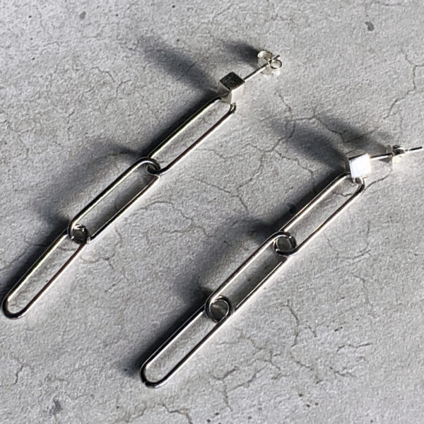 Long steel paperclip earrings on sterling silver studs