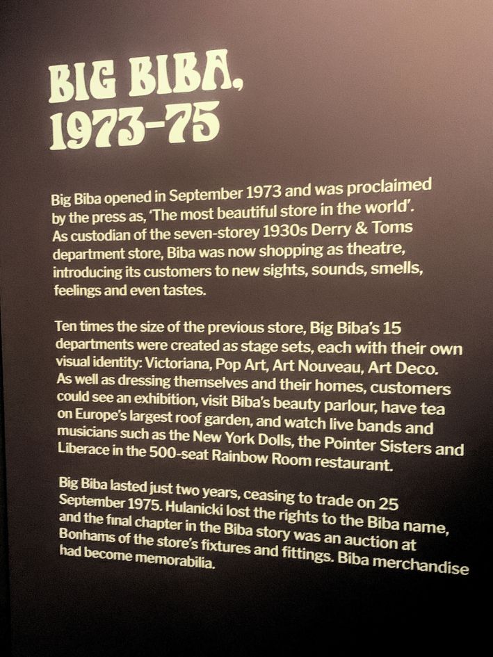 Information board from Biba Story Exhibtion describing the Big Biba store