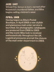 Information board from the Biba Story Exhibition describing the mail order and retail businesses of Barbara Hunaniki
