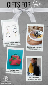 A gifts for her gift guide showing 4 ideas of earrings, trinket bowl, purse and scarf all by small businesses