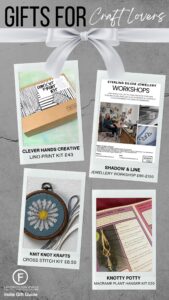 A gifts for Craft Lovers gift guide showing 4 ideas of Lino Print Kit, Jewellery Workshop, Cross Stitch Kit, Cyanotype Kit all by small businesses