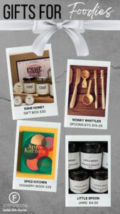 A gifts for Foodies gift guide showing 4 ideas of Honey Gift Set, Wooden Spoons, Spicy Cook Book and jam all by small businesses