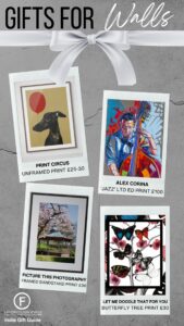 A gifts for Walls gift guide showing 4 ideas of Dog print, ltd edition jazz print, framed photo and butterfly tree print all by small businesses