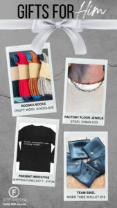 A gifts for him gift guide showing 4 ideas of socks, unisex chain, t-shirt and wallet all by small businesses