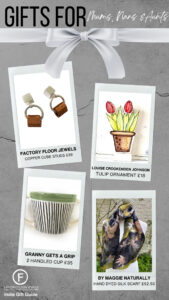 A gifts for mums, nans & aunts gift guide showing 4 ideas of earrings, ornament, mug and silk scarf all by small businesses