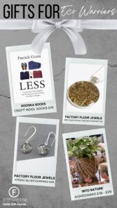 A gifts for Eco Warriors gift guide showing 4 ideas of a  book, pendant, earrings and a plant all by small businesses