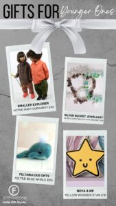 A gifts for younger ones gift guide showing 4 ideas of a clothes, a bracelet, a felt toy and a wooden star all by small businesses