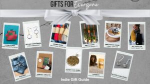 An image on a grey background with 11 polaroid style photos of recommended gifts from independant makers and small businesses