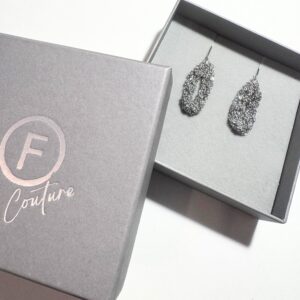 Soiree glamourous steel dangle earrings in a Factory Floor Jewels Couture gift box